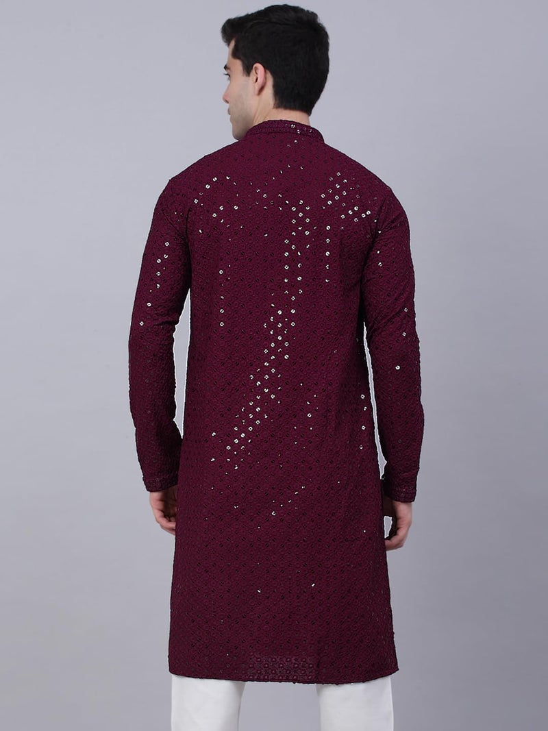 Jompers Men's Chikankari Embroidered and Sequence Kurtas (Purple, XL) - Image 2
