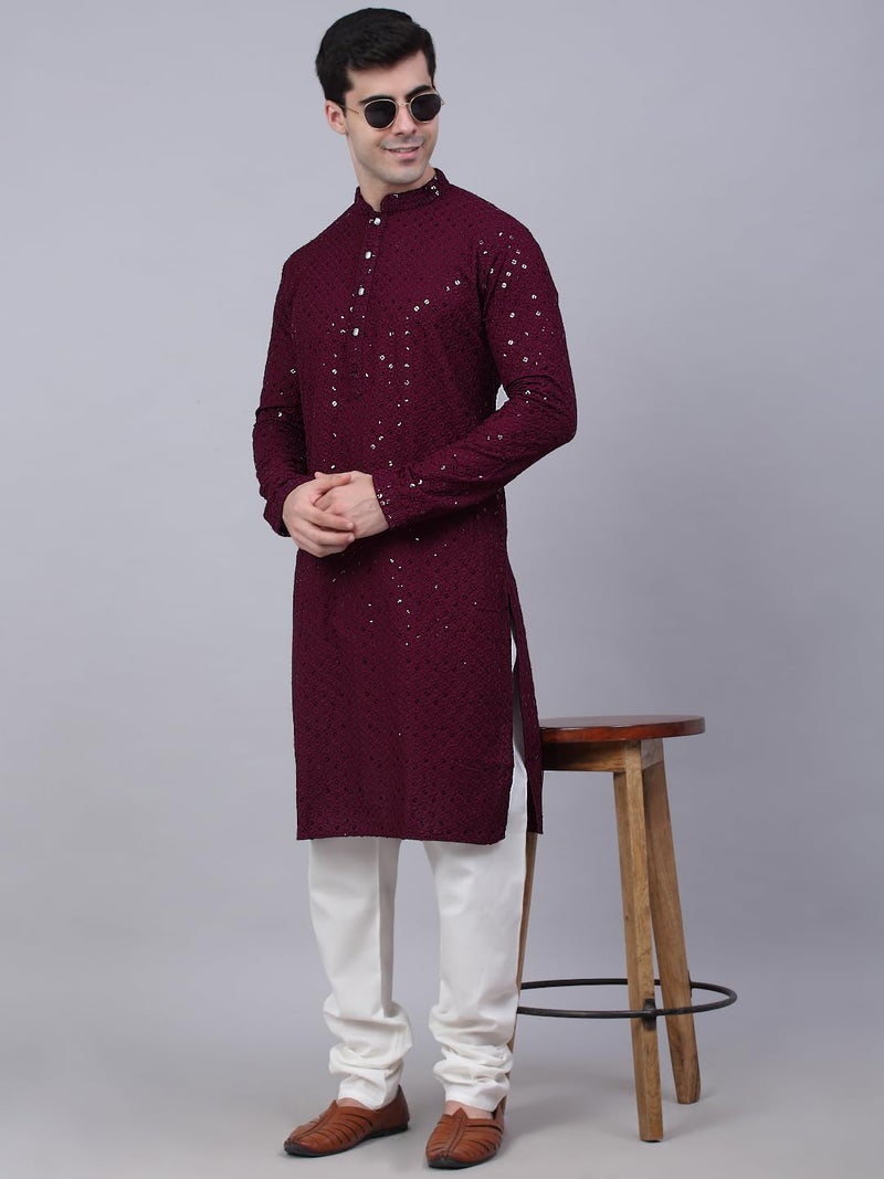 Jompers Men's Chikankari Embroidered and Sequence Kurtas (Purple, XL) - Image 4