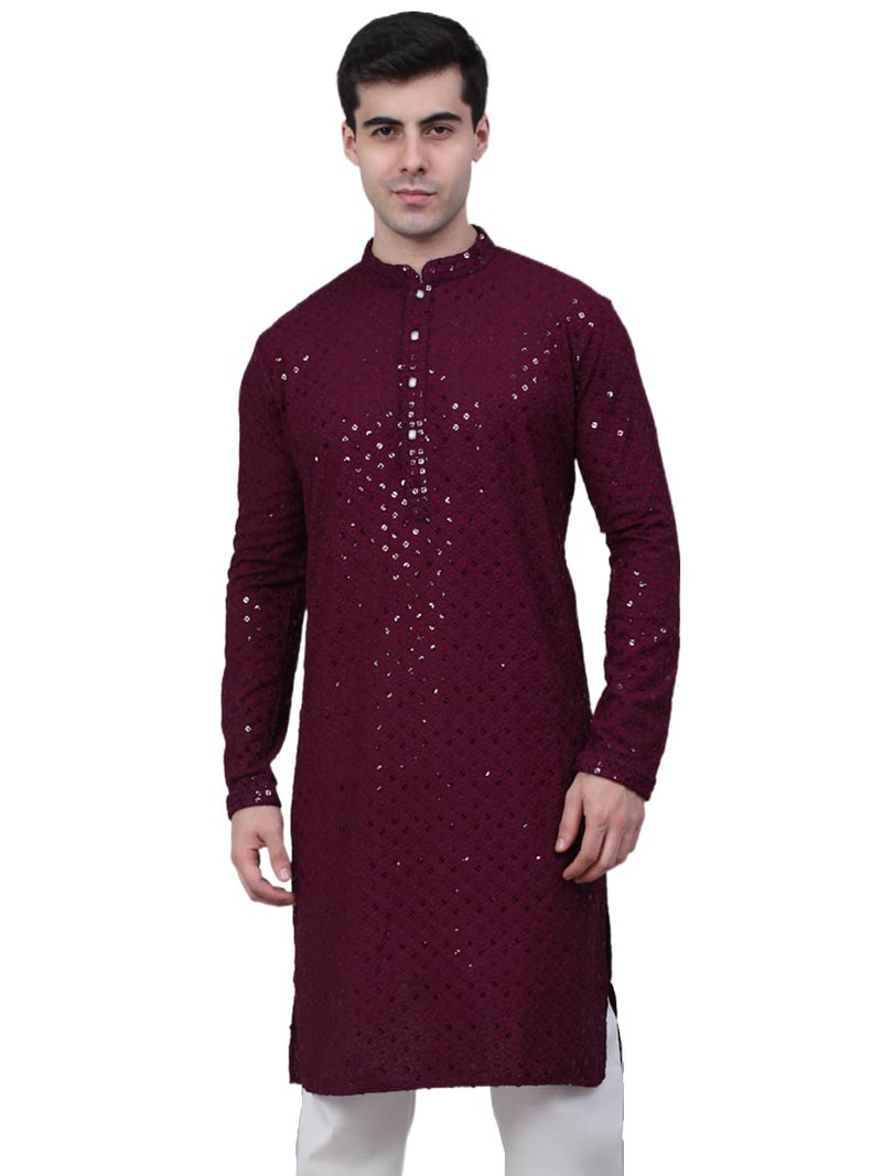 Jompers Men's Chikankari Embroidered and Sequence Kurtas (Purple, XL) - Image 1