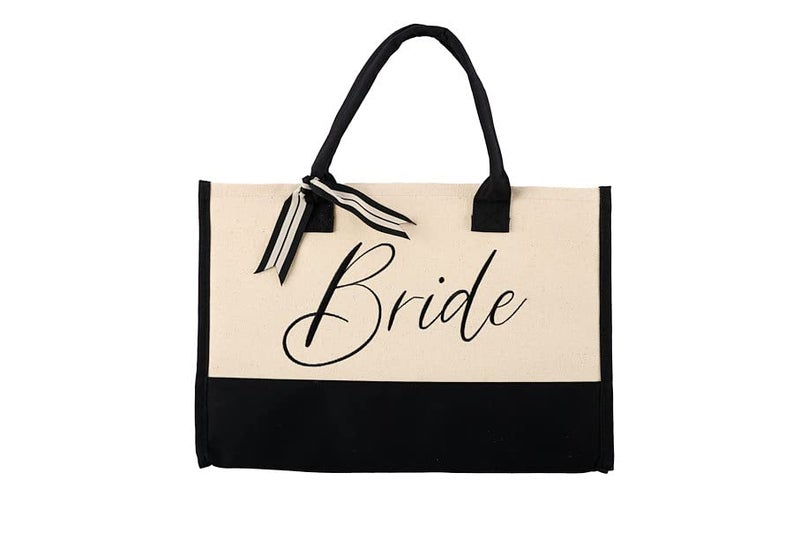 Mud Pie Classic Black and White Canvas Tote Bag BRIDE 17 x 19 x 2