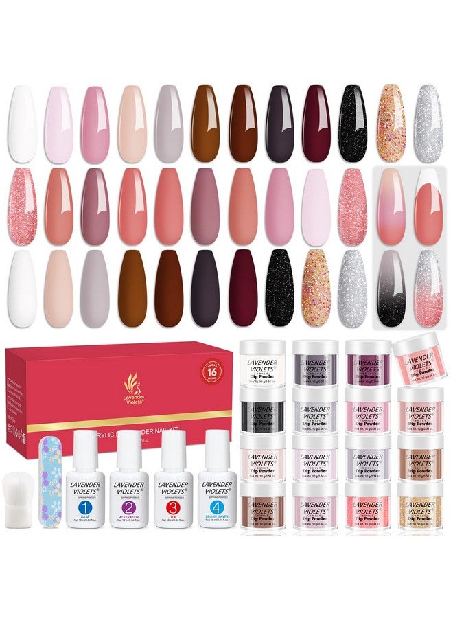 Lavender Violets 22 Pcs Dip Powder Nail Kit Starter 16 Colors Nude Pinkish Brown Skin Tone Dipping Powder Liquid Set With Base Top Coat Activator Brush Saver Nail Buffer And Powder Brush M960B - Image 1