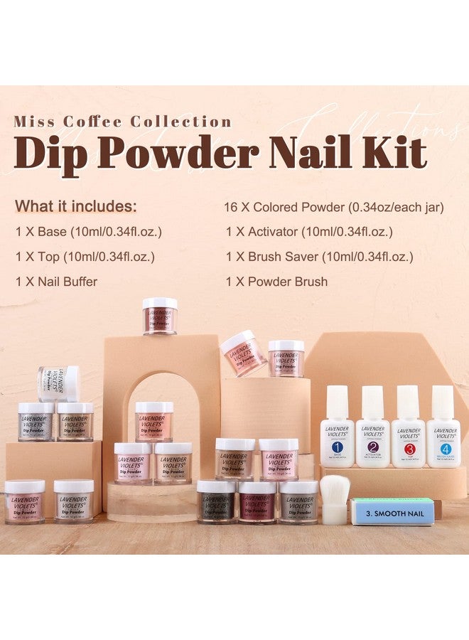 Lavender Violets 22 Pcs Dip Powder Nail Kit Starter 16 Colors Nude Pinkish Brown Skin Tone Dipping Powder Liquid Set With Base Top Coat Activator Brush Saver Nail Buffer And Powder Brush M960B - Image 4