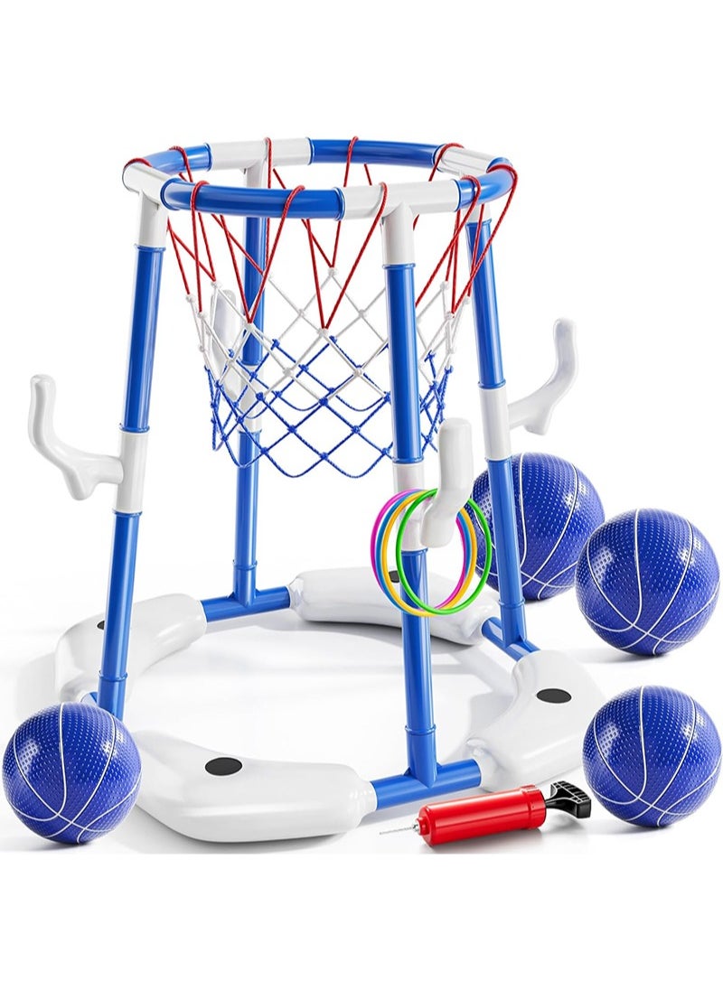 Yoawllty Pool Toys Games Set, Floating Basketball Hoop & Inflatable Pool Ring Toss with 4 Balls and Pump, Swimming Water Sport Fun Floats Accessories(Blue)  - Image 1