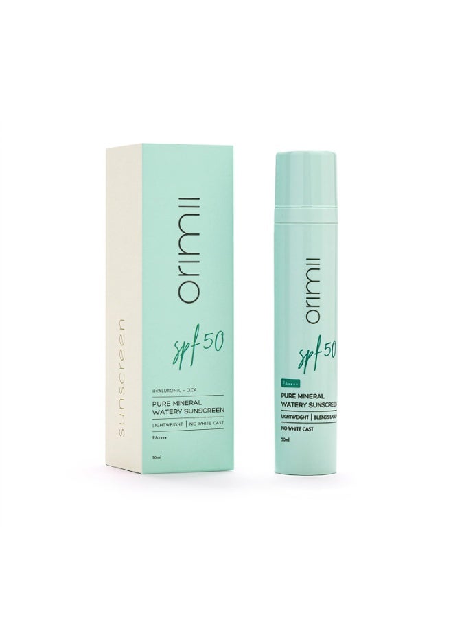 Orimii 100% Pure Mineral Fluid Sunscreen SPF 50| Super Lightweight, Zero White Cast & Blends Easily on Skin | With Zinc Oxide & Hyaluronic Acid | Fragrance Free, Non Comedogenic & Pregnancy Safe 50ml - Image 1
