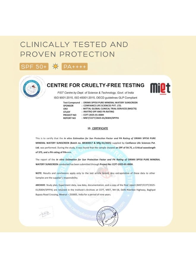 Orimii 100% Pure Mineral Fluid Sunscreen SPF 50| Super Lightweight, Zero White Cast & Blends Easily on Skin | With Zinc Oxide & Hyaluronic Acid | Fragrance Free, Non Comedogenic & Pregnancy Safe 50ml - Image 2