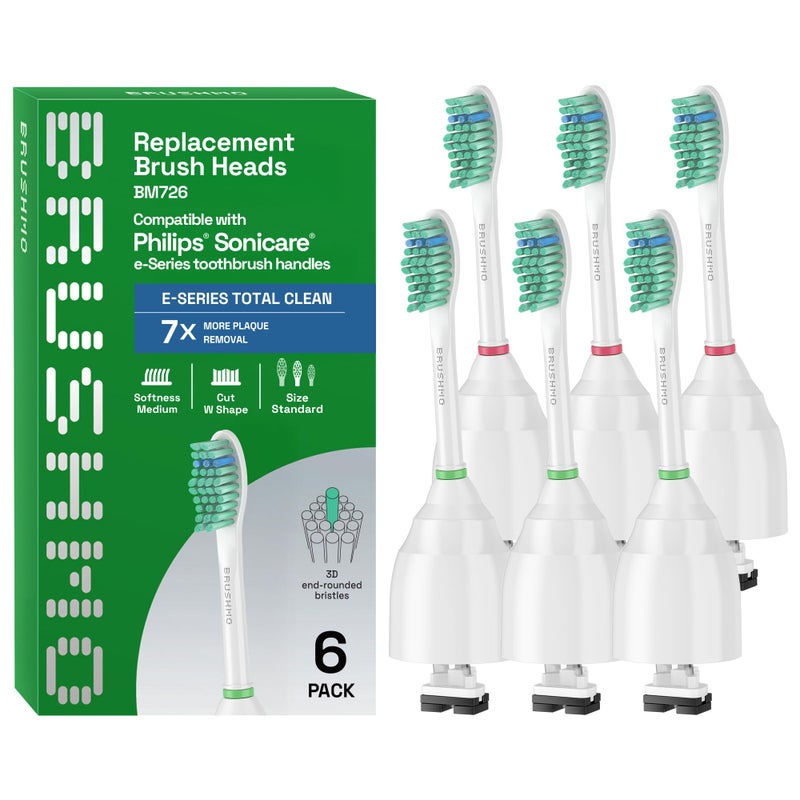Brushmo e-Series Total Clean Replacement Toothbrush Heads, Compatible with Philips Sonicare Screw-on Electric Toothbrush Handles, 6 Standard Heads, Medium Firm Dupont Bristles, BM726, White - Image 1
