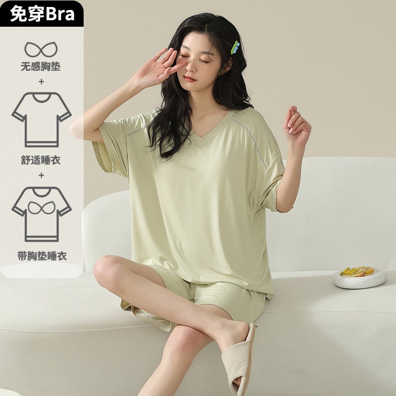Cool Sensation Modal Ice Silk Short Sleeve Sleepwear Set for Women Lightweight Summer Home Clothes with Chest Pad Comfortable Breathable Casual Outdoor Home Hotel Bathing Suit Wedding Studio AM-58418 Female  - Image 2