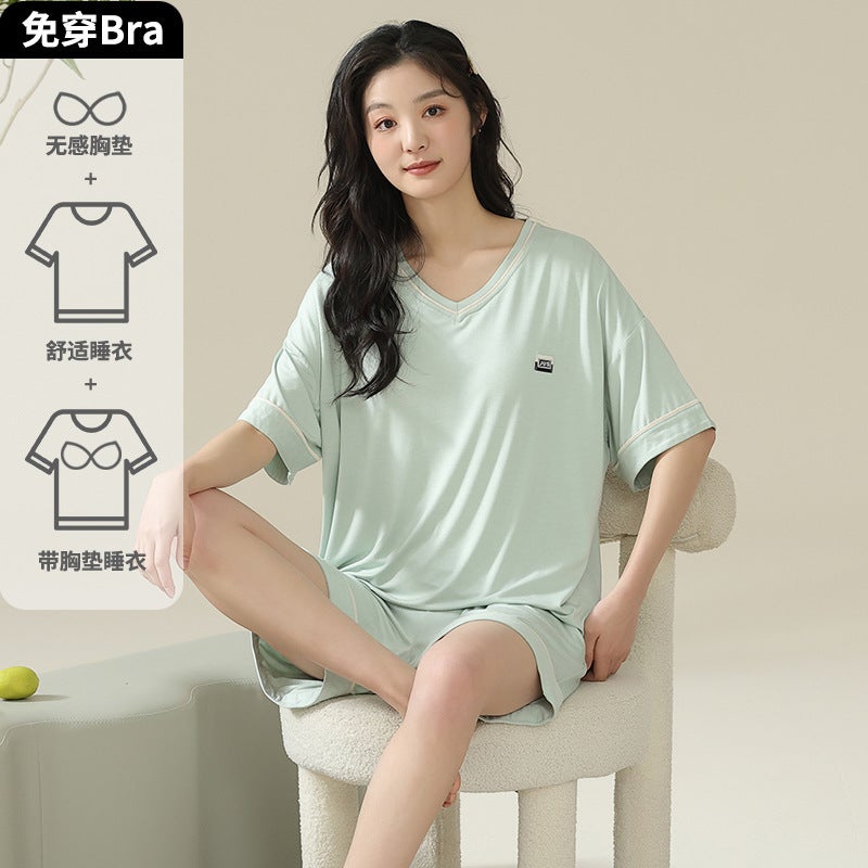 Cool Sensation Modal Ice Silk Short Sleeve Sleepwear Set for Women Lightweight Summer Home Clothes with Chest Pad Comfortable Breathable Casual Outdoor Home Hotel Bathing Suit Wedding Studio AM-58418 Female  - Image 1