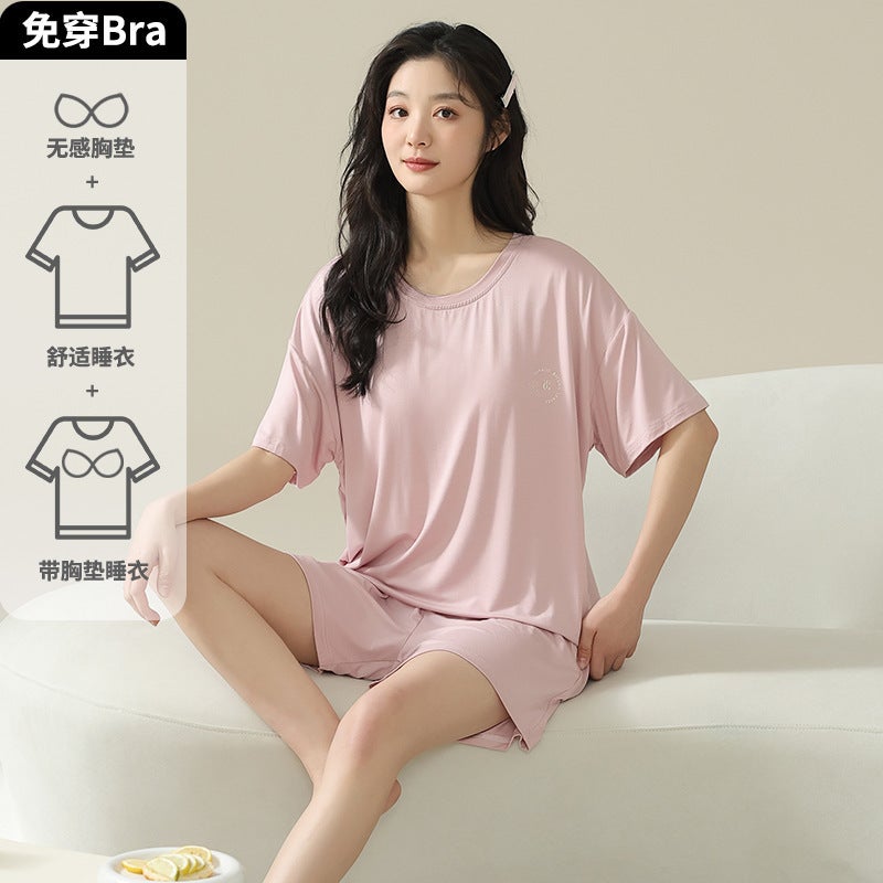Cool Sensation Modal Ice Silk Short Sleeve Sleepwear Set for Women Lightweight Summer Home Clothes with Chest Pad Comfortable Breathable Casual Outdoor Home Hotel Bathing Suit Wedding Studio AM-58418 Female  - Image 3