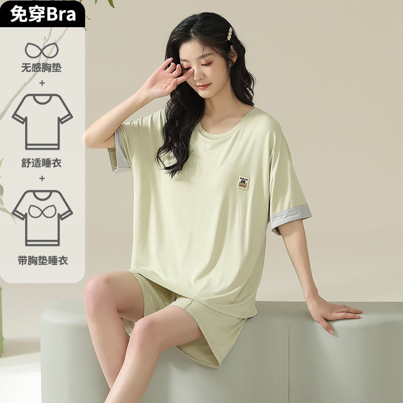 Cool Sensation Modal Ice Silk Short Sleeve Sleepwear Set for Women Lightweight Summer Home Clothes with Chest Pad Comfortable Breathable Casual Outdoor Home Hotel Bathing Suit Wedding Studio AM-58418 Female  - Image 4