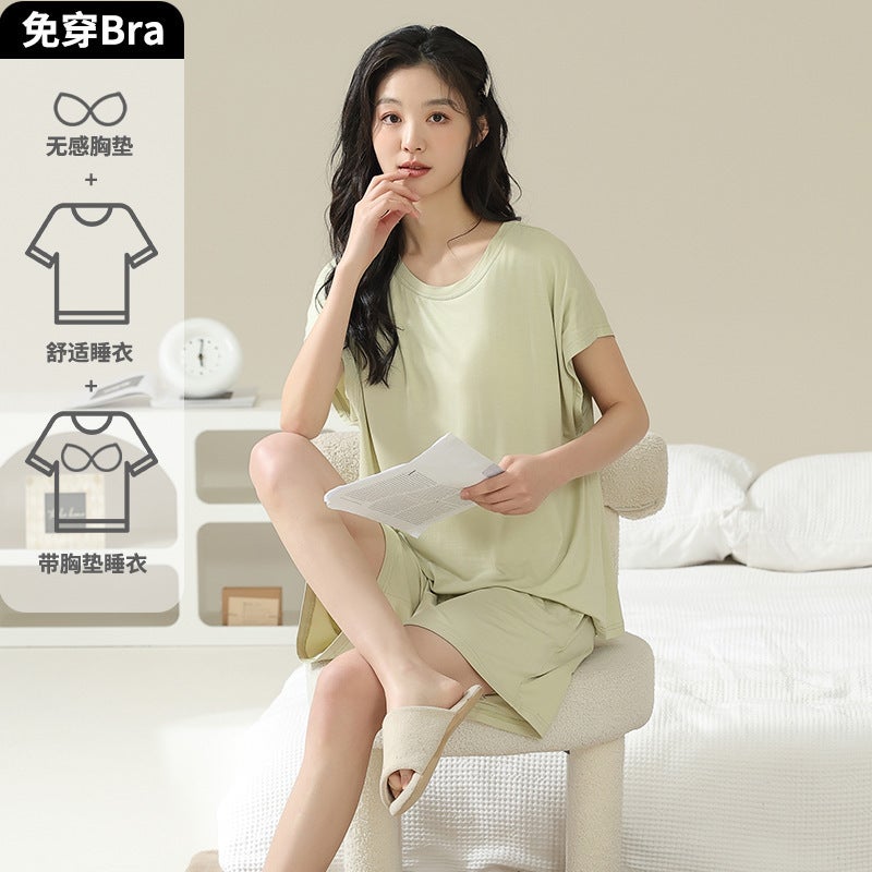 Cool Sensation Modal Ice Silk Short Sleeve Sleepwear Set for Women Lightweight Summer Home Clothes with Chest Pad Comfortable Breathable Casual Outdoor Home Hotel Bathing Suit Wedding Studio AM-58418 Female  - Image 5