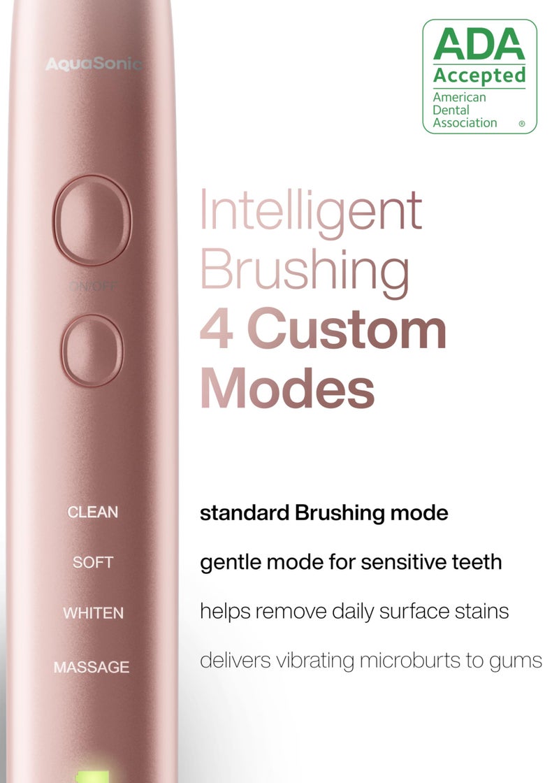 Aquasonic Vibe Series Ultra-Whitening Toothbrush â€“ ADA Accepted Electric Toothbrush - 8 Brush Heads & Travel Case â€“ 40,000 VPM Motor & Wireless Charging - 4 Modes w Smart Timer â€“ Satin Rose Gold - Image 4