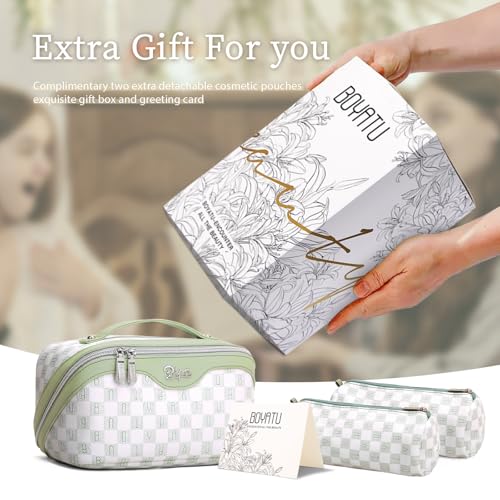BOYATU Travel Makeup Bag Organizer Cosmetic Bag: 3 Pcs Set Make up Bags for Women with Handle - Waterproof Vegan Leather Toiletry Bags Travel Essentials Pouch with Compartments (H-06-Green) - Image 5