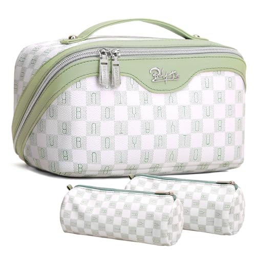 BOYATU Travel Makeup Bag Organizer Cosmetic Bag: 3 Pcs Set Make up Bags for Women with Handle - Waterproof Vegan Leather Toiletry Bags Travel Essentials Pouch with Compartments (H-06-Green) - Image 1