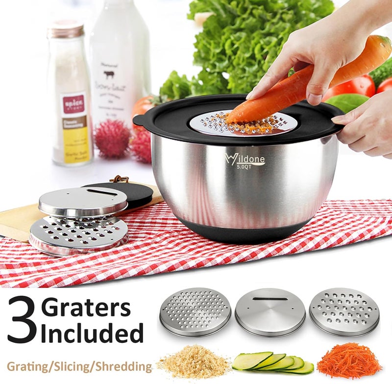 Wildone Mixing Bowls with Airtight Lids, 27 PCS Stainless Steel Nesting Bowls, with 3 Grater Attachments, Scale Mark & Non-Slip Bottom, Size 5, 4, 3, 2, 1.5, 1, 0.63QT, Ideal for Mixing & Prepping - Image 2