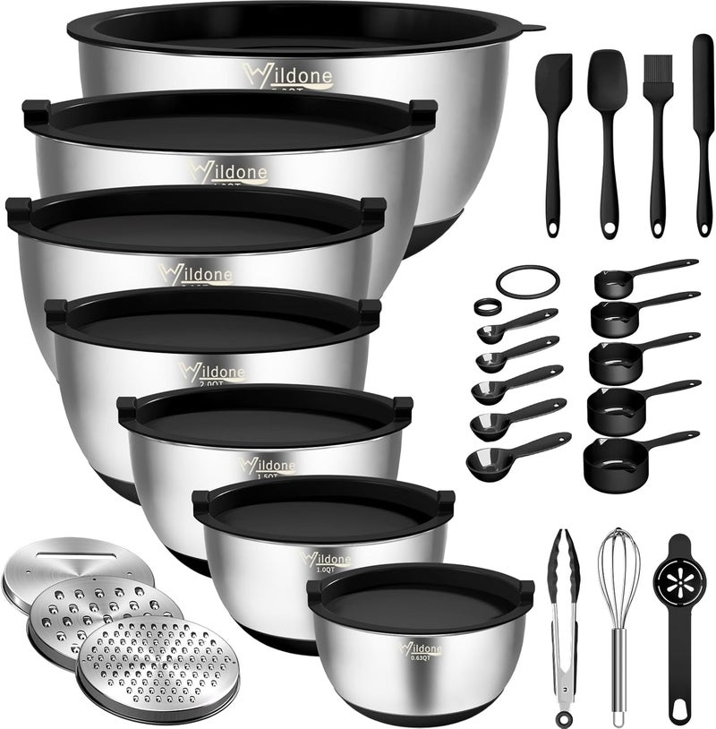 Wildone Mixing Bowls with Airtight Lids, 27 PCS Stainless Steel Nesting Bowls, with 3 Grater Attachments, Scale Mark & Non-Slip Bottom, Size 5, 4, 3, 2, 1.5, 1, 0.63QT, Ideal for Mixing & Prepping - Image 1