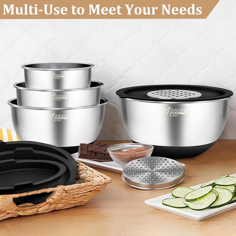 Wildone Mixing Bowls with Airtight Lids, 27 PCS Stainless Steel Nesting Bowls, with 3 Grater Attachments, Scale Mark & Non-Slip Bottom, Size 5, 4, 3, 2, 1.5, 1, 0.63QT, Ideal for Mixing & Prepping - Image 5