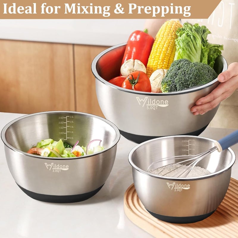 Wildone Mixing Bowls with Airtight Lids, 27 PCS Stainless Steel Nesting Bowls, with 3 Grater Attachments, Scale Mark & Non-Slip Bottom, Size 5, 4, 3, 2, 1.5, 1, 0.63QT, Ideal for Mixing & Prepping - Image 4