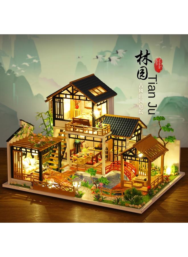 الأزرق جي دبليو كوخ DIY الغابة Yuanju خشبي مصنوع يدويًا ، نموذج فيلا فناء صيني قديم ، هدية إبداعية - Image 2