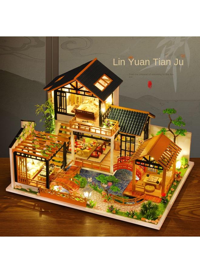 الأزرق جي دبليو كوخ DIY الغابة Yuanju خشبي مصنوع يدويًا ، نموذج فيلا فناء صيني قديم ، هدية إبداعية - Image 5