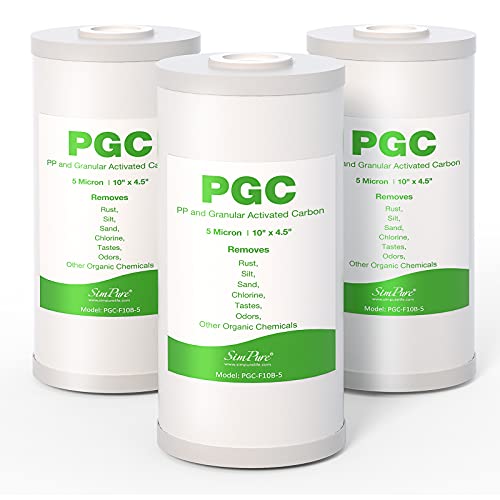 Simpure 5 Micron 10" x 4.5" Sediment and Carbon Whole House Water Filters SimPure Replacement Cartridge for GE FXHTC, GXWH40L, RFC-BB / 155141-43, FC15B, HB18B, WRC25HD, WDGD-5005, W10-PR, W15-PR, 3-Pack - Image 1