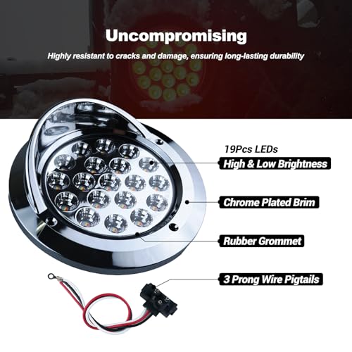 XtraGlow 4 inch Round Dual Revolution LED Tail Lights Red Stop Turn Tail Lights and White Backup Reverse Lights Kit for Truck Trailer RV Jeep with Rubber Grommet Chrome Plated Visor IP67 Waterproof - Image 4