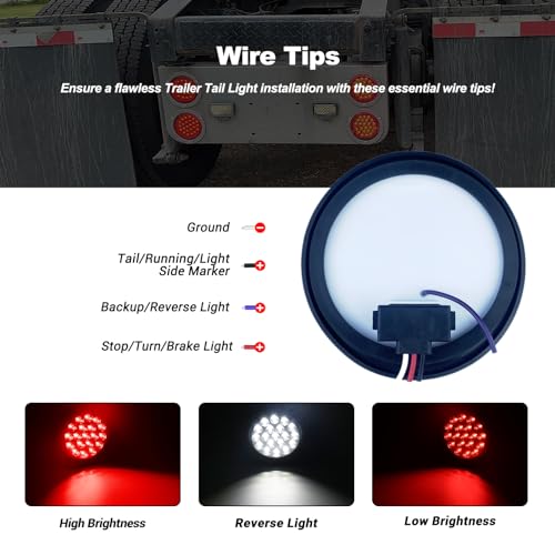 XtraGlow 4 inch Round Dual Revolution LED Tail Lights Red Stop Turn Tail Lights and White Backup Reverse Lights Kit for Truck Trailer RV Jeep with Rubber Grommet Chrome Plated Visor IP67 Waterproof - Image 5
