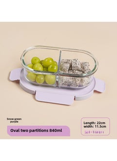 High Borosilicate Glass Fresh-keeping Bowl With Lid Microwave Oven Partition Household Bento Box Family Glass Bowl Heating Lunch Box-Specifications:Oval Two Separated 840ml-Color:Violet