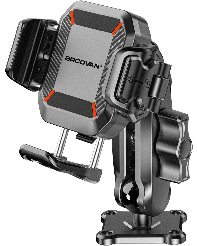 BRCOVAN Anti-Theft Phone Mount Holder with Vibration Dampener [1s Lock & Release] [Camera Friendly] with Aluminum Medium Arm & Square Base, for Car Boat Truck Motorcycle ATV UTV, Fit 5.4-7.2'' Phones - Image 1