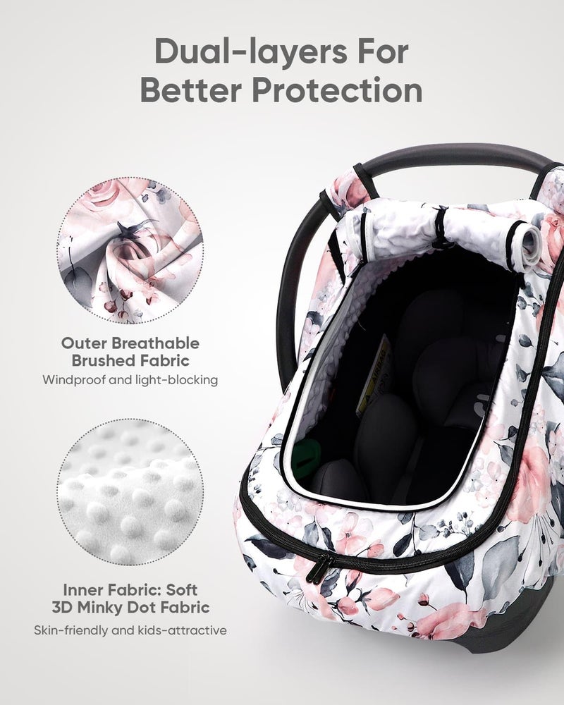 Sweetwavet Car Seat Cover Baby Girls, Infant Car Seat Canopy Outdoor, 2 Layers with Mesh and Sun Shade Window for Summer Winter, Easy Access Carseat Covers Snug Fit Baby Stroller - Pink Floral - Image 3