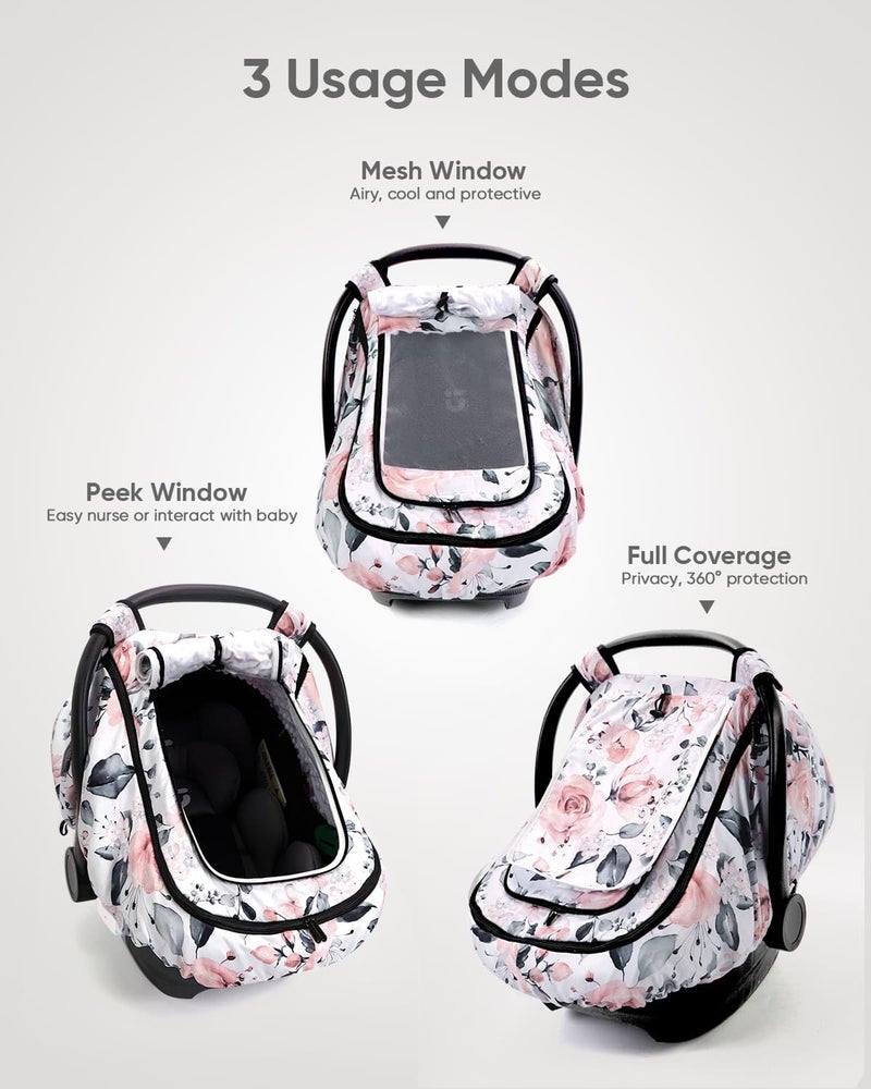 Sweetwavet Car Seat Cover Baby Girls, Infant Car Seat Canopy Outdoor, 2 Layers with Mesh and Sun Shade Window for Summer Winter, Easy Access Carseat Covers Snug Fit Baby Stroller - Pink Floral - Image 2