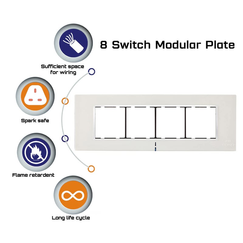 CONA 10708 Status Axis Horizontal 8 Modular Plate with Blue LED Indicator, Snow White - Single|8 Module Switch Plates|Cover Plate|8M Polycarbonate Switch Frame - Image 4