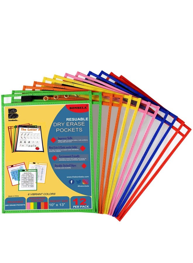 Bonbela Dry Erase Pockets 12 Pack 10 X 13 Reusable Dry Erase Pocket Sleeves For Work & School Worksheets Heavy Duty Clear Pocket Sleeves Quickly Wipe To A Flawless Clean (Multicolor) - Image 1