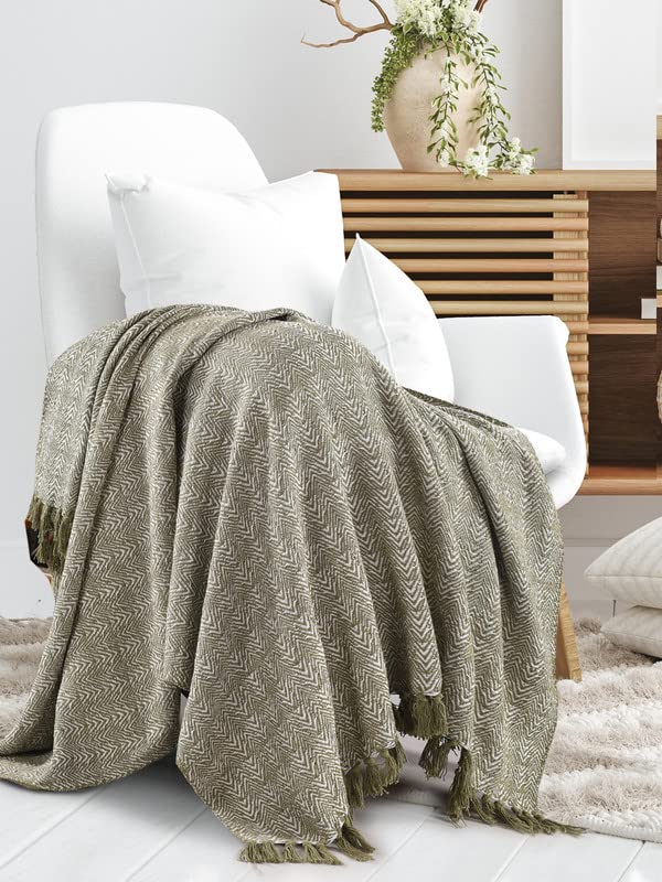 SASHAA WORLD Soft Herringbone Throw Blanket | Used Both Indoor and Outdoor |Blanket for Living Room, Sofa, Bed & Chair | Green Throw Blanket| Pack of 1, 180 x130 cm - Image 1
