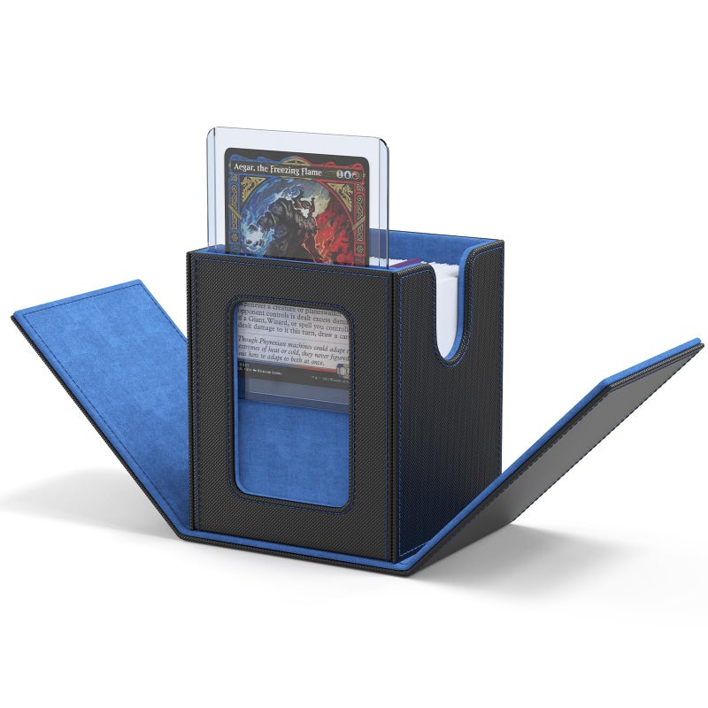 ZLCA MTG Deck Box with Commander Window Display, Trading Card Storage Box Holds 100 Double-Sleeved Cards Suitable for TCG/CCG/PTCG/EDH/Magic/Sport Cards (Black&Blue) - Image 1