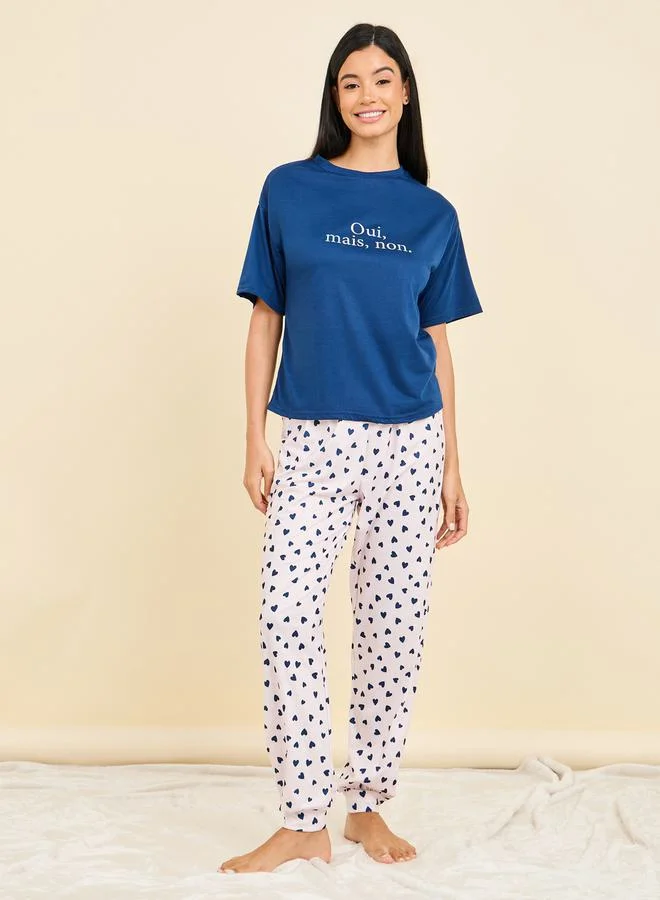 Styli French Slogan Print Drop Shoulder T-Shirt & AOP Pyjama Set