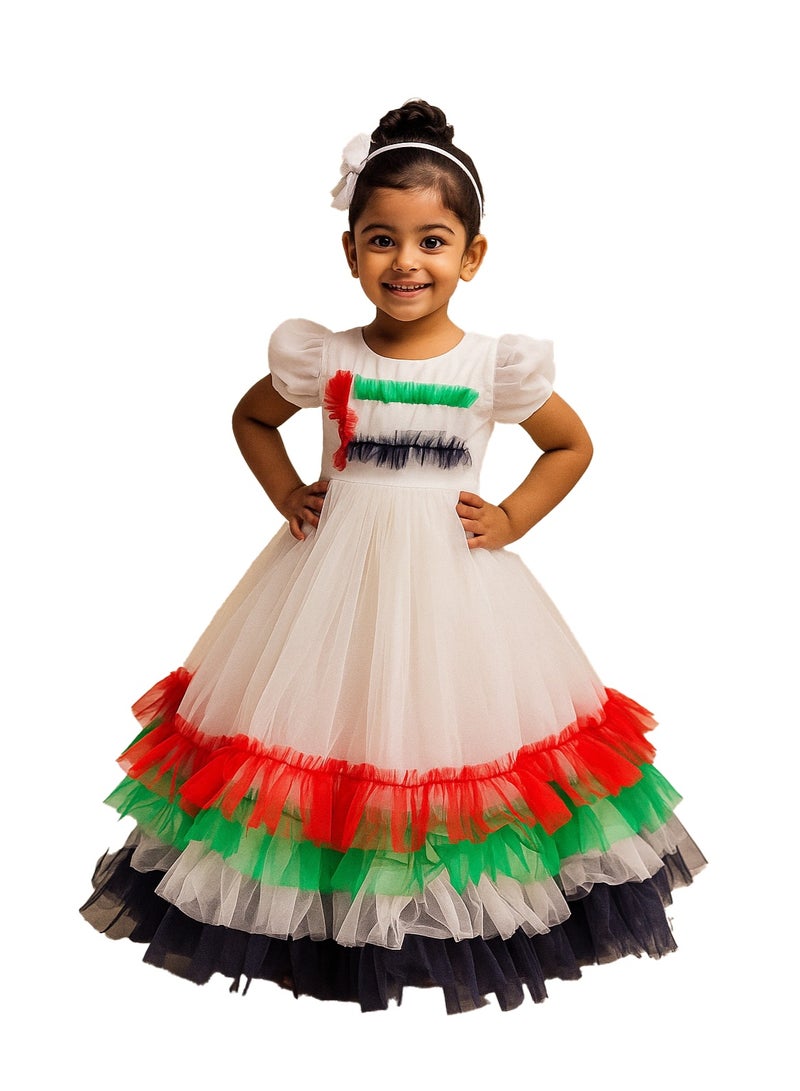 المنزل الذكي هوم سمارت فستان أبيض بنقشة علم اليوم الوطني للبنات احتفلي باليوم الوطني لدولة الإمارات العربية المتحدة بأناقة الزي الوطني لدولة الإمارات العربية المتحدة للمناسبات الوطنية الاحتفالية - Image 1