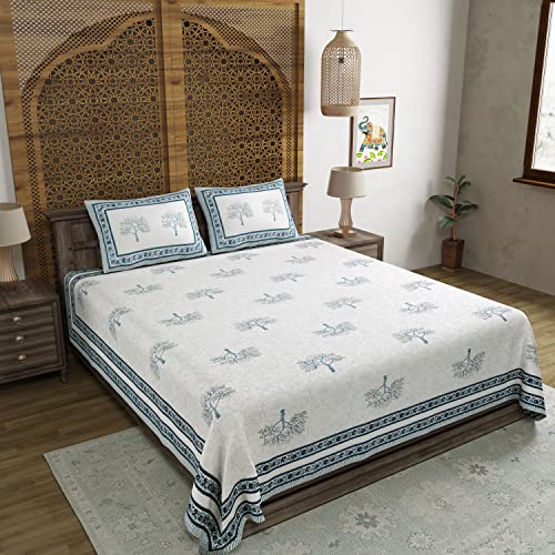 BLOCKS OF INDIA Hand Block Printed 200 TC Cotton King Size Bedsheet (Light Grey) - Image 4