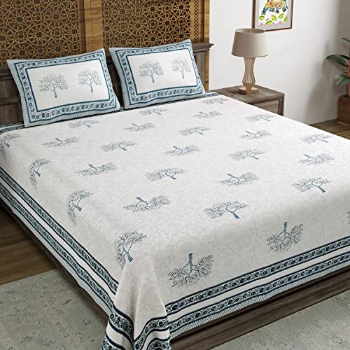 BLOCKS OF INDIA Hand Block Printed 200 TC Cotton King Size Bedsheet (Light Grey) - Image 1