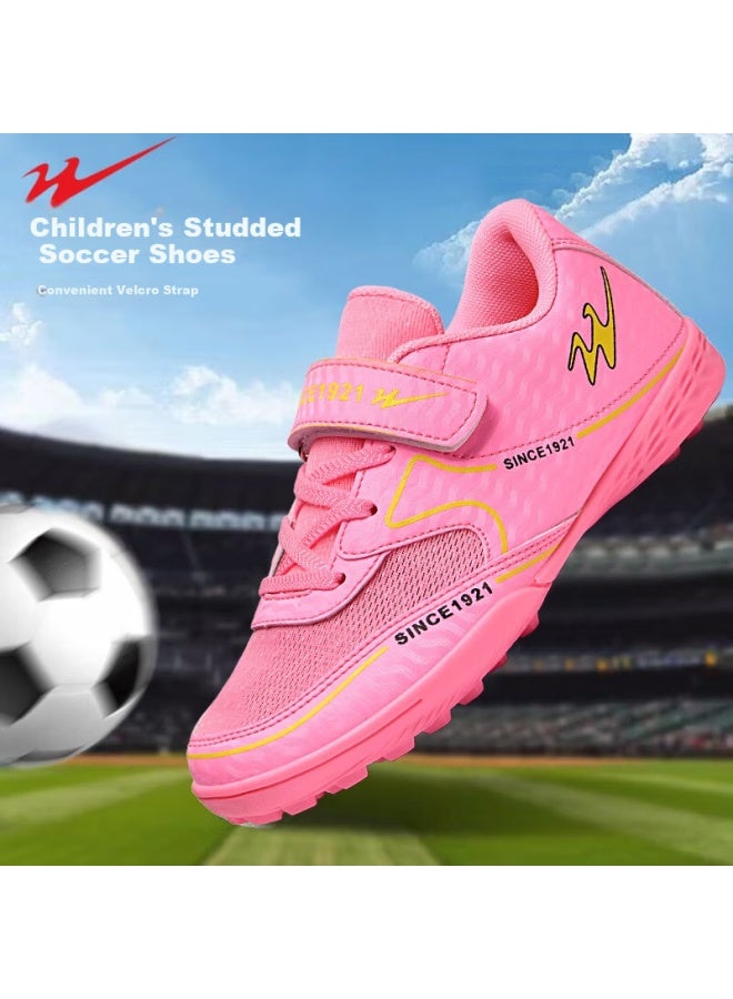 Shuangxing Kids Soccer Shoes Tf Turf Studs Velcro Large Children Student Youth Non-slip Wear-resistant Football Shoes Pink Size 33