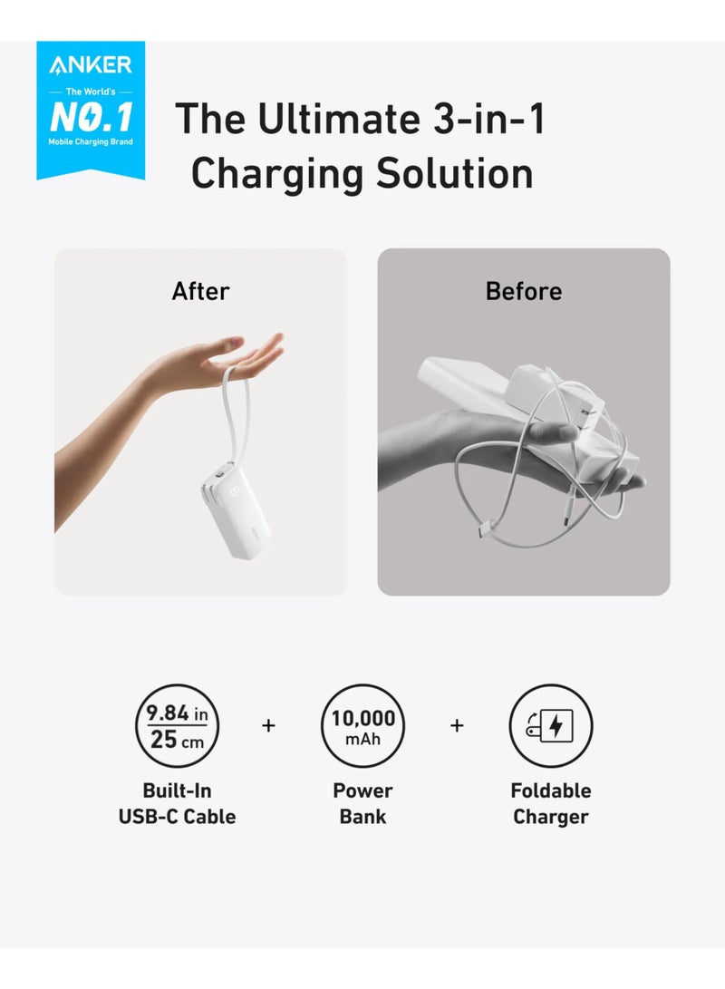 Anker Nano 3-in-1 Portable iPhone Charger, 10,000mAh Power Bank with Built-in USB-C Cable and Foldable Wall Plug, 30W Max Battery Pack, Travel Essentials for iPhone 17/16/15 Series, Galaxy, MacBook - Image 5