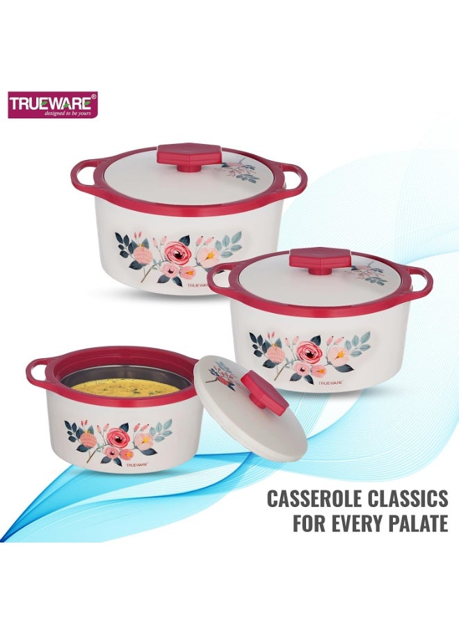 Trueware طاجن ترووير فلورا | أحمر وأبيض | طقم من 3 قطع | 750، 1000، و1500 مل | طاجن حراري | خالٍ من مادة BPA | فولاذ داخلي، بلاستيك خارجي | آمن غذائيًا | مثالي لتحضير الشاباتي، والروتي، وصنع اللبن الرائب، والطبخ الساخن - Image 2