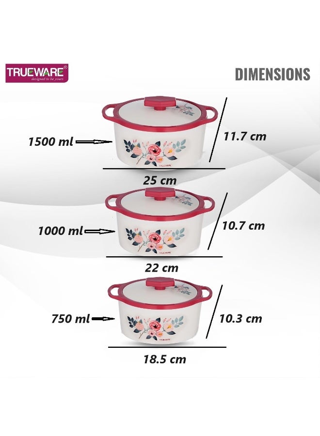 Trueware طاجن ترووير فلورا | أحمر وأبيض | طقم من 3 قطع | 750، 1000، و1500 مل | طاجن حراري | خالٍ من مادة BPA | فولاذ داخلي، بلاستيك خارجي | آمن غذائيًا | مثالي لتحضير الشاباتي، والروتي، وصنع اللبن الرائب، والطبخ الساخن - Image 3