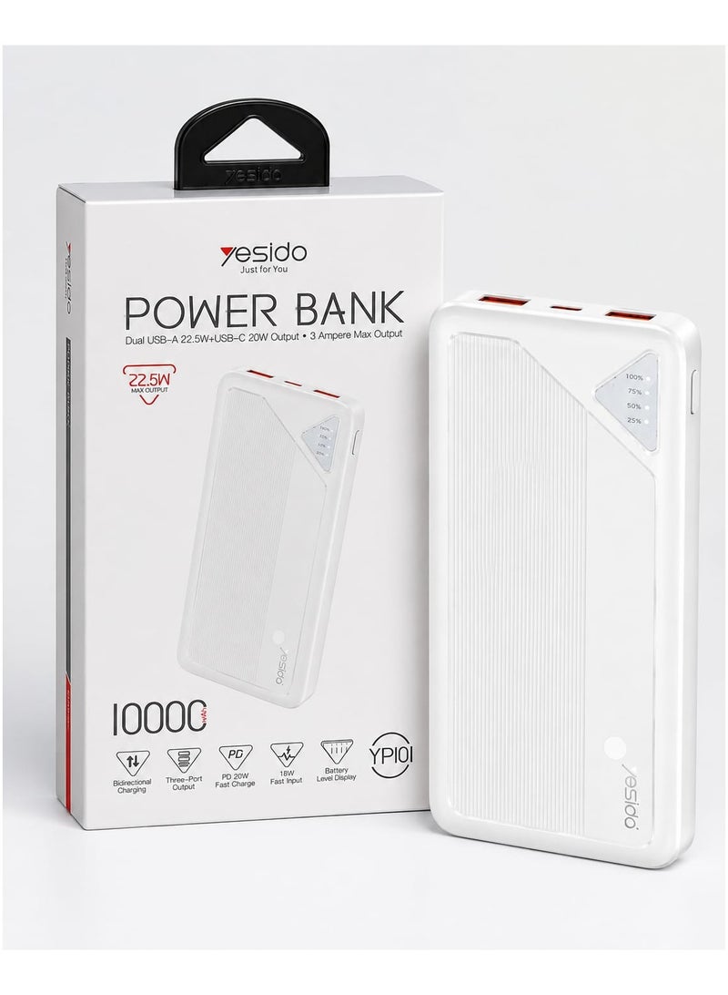 Yesido YP101 10000mAh Power Bank – White Portable Charger with Dual USB & USB-C - Image 3