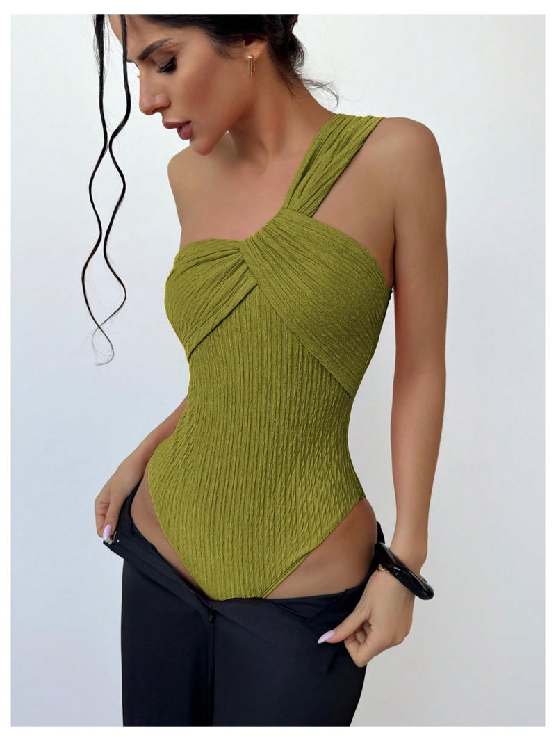 OYOANGLE Women's Textured One Shoulder Going Out Bodysuit Tops Twist Front Ruched Sleeveless Tank Top Body Suits Green Medium - Image 3