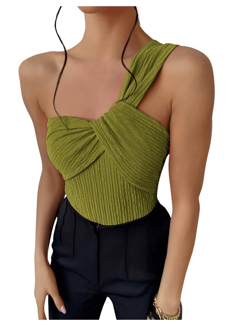 OYOANGLE Women's Textured One Shoulder Going Out Bodysuit Tops Twist Front Ruched Sleeveless Tank Top Body Suits Green Medium - Image 1