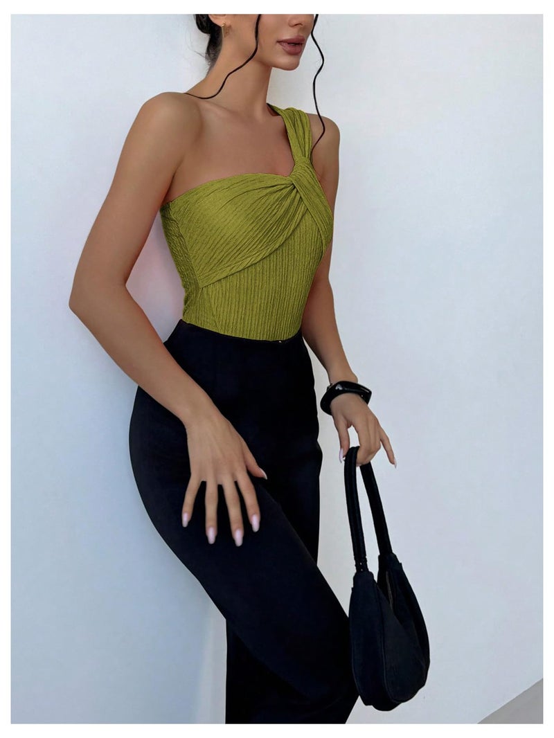 OYOANGLE Women's Textured One Shoulder Going Out Bodysuit Tops Twist Front Ruched Sleeveless Tank Top Body Suits Green Medium - Image 5