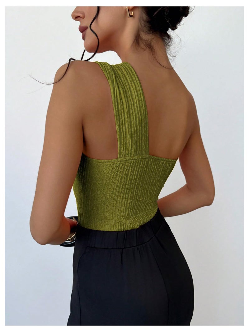 OYOANGLE Women's Textured One Shoulder Going Out Bodysuit Tops Twist Front Ruched Sleeveless Tank Top Body Suits Green Medium - Image 2