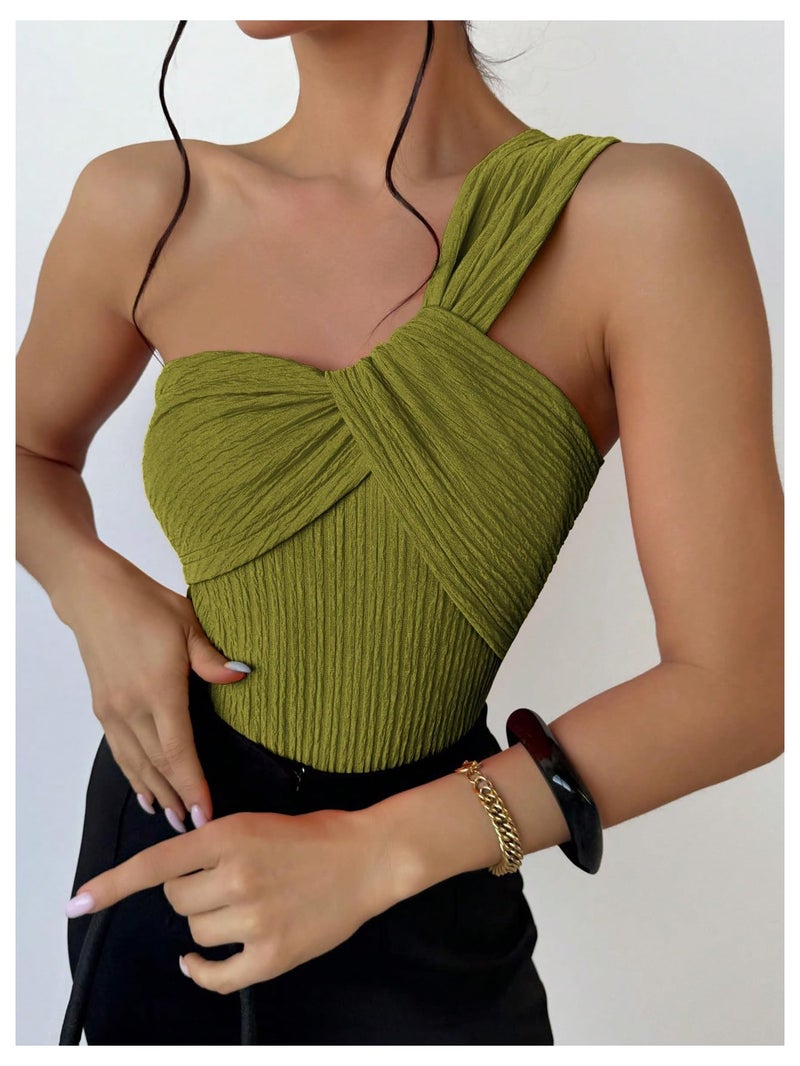 OYOANGLE Women's Textured One Shoulder Going Out Bodysuit Tops Twist Front Ruched Sleeveless Tank Top Body Suits Green Medium - Image 4