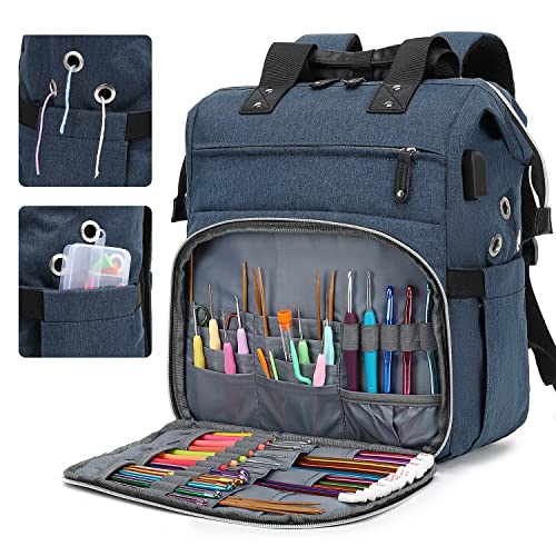 LTINVECK Crochet Backpack,Knitting Bag Backpack Yarn Storage Organizer Travel Crochet Bag with USB Charging Port,Large Yarn Tote Bag Yarn Holder Case for Knitting Needles,Crochet Hooks,Crochet Accessories,Blue - Image 3